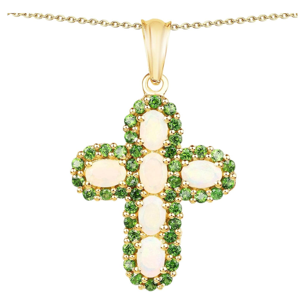 Ethiopian Opal Cross Pendant With Chrome Diopside 3.08 Carats Gold Plated Silver