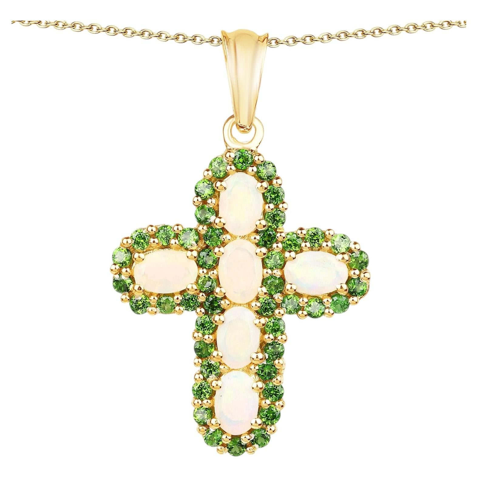 Ethiopian Opal Cross Pendant With Chrome Diopside 3.08 Carats Gold Plated Silver