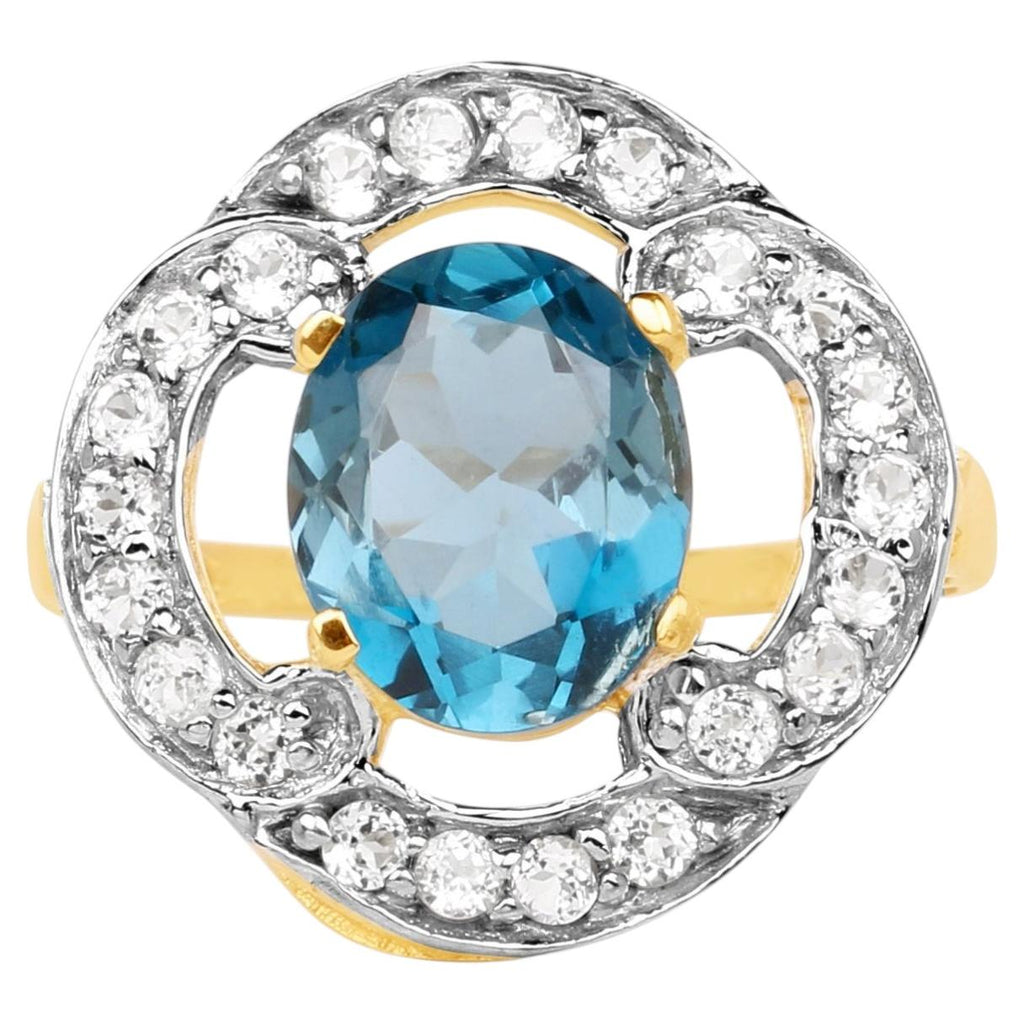 London Blue Topaz Ring With White Topaz 5.1 Carats Gold Plated Silver