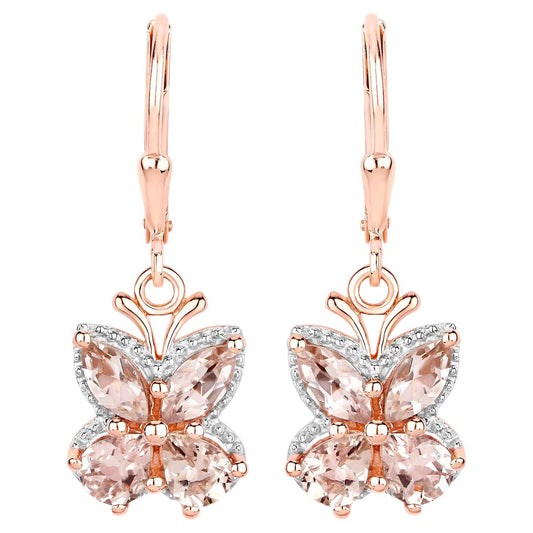 Morganite Butterfly Earrings 1.87 Carats 18K Rose Gold Plated Silver