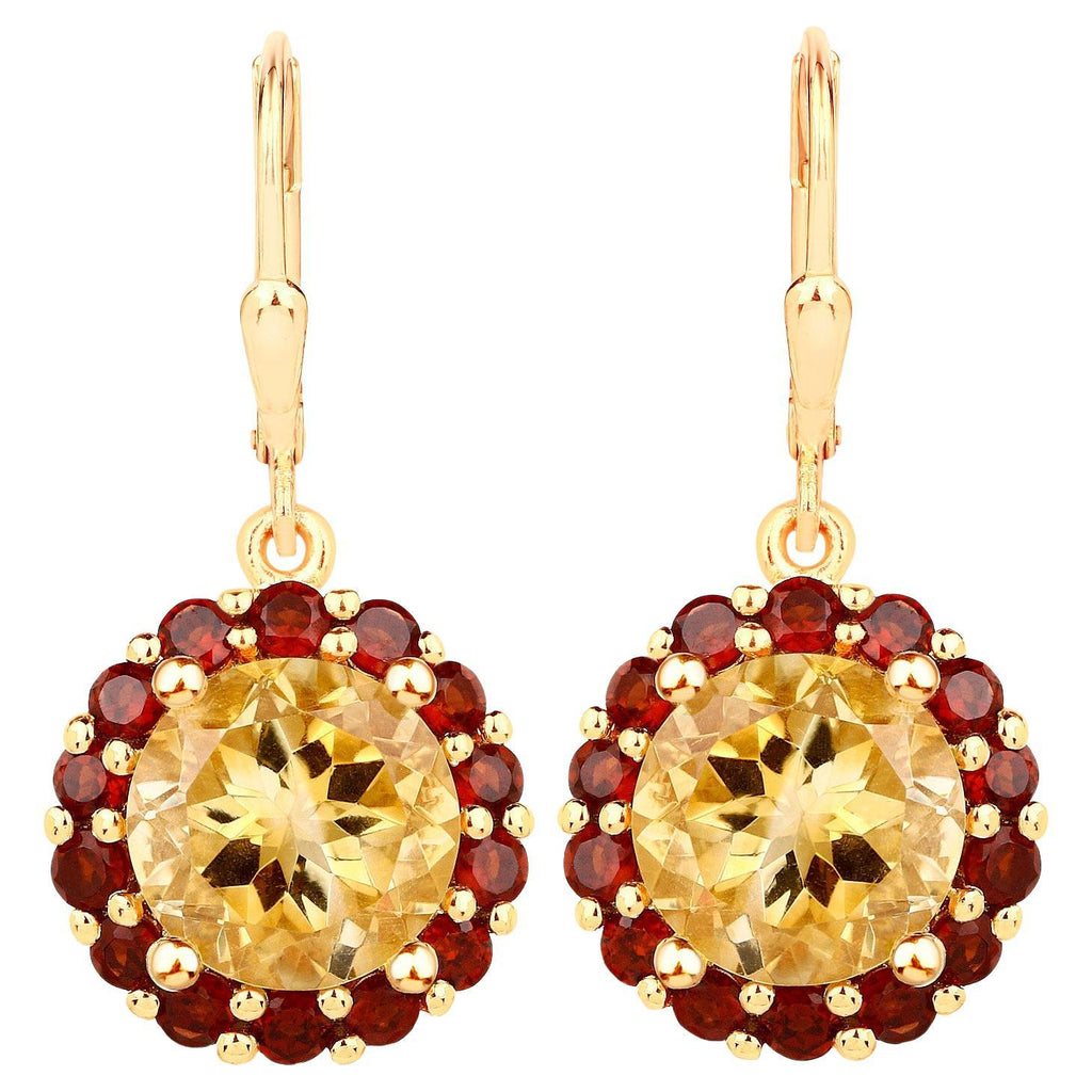 Citrine Earrings With Garnet 8.4 Carats Gold Plated Silver