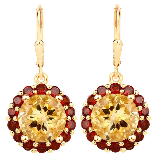Citrine Earrings With Garnet 8.4 Carats Gold Plated Silver