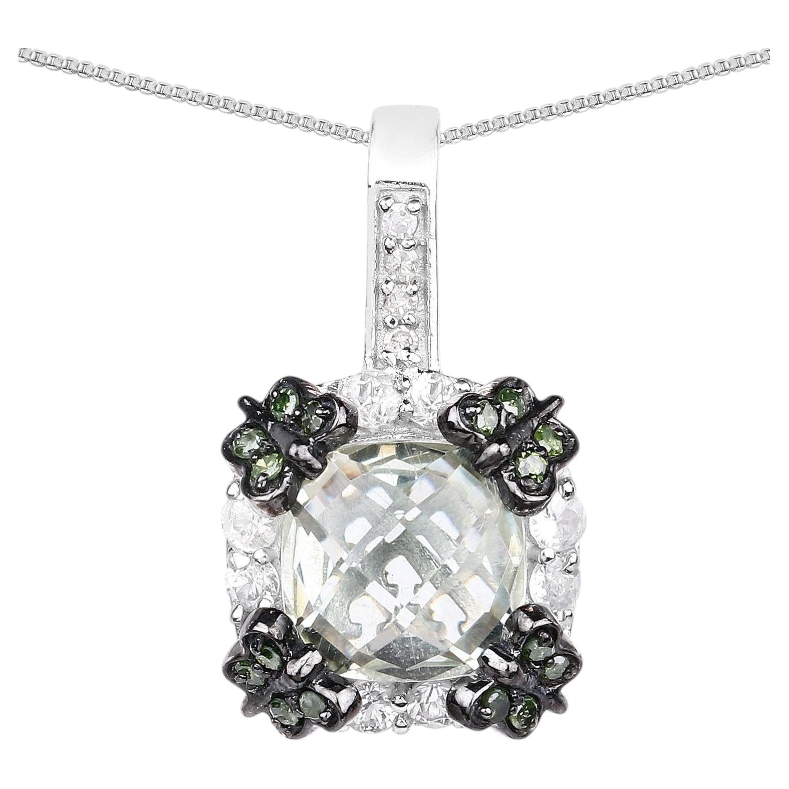 Green Amethyst Flower Pendant With White Sapphire 2.66 Carats Sterling Silver