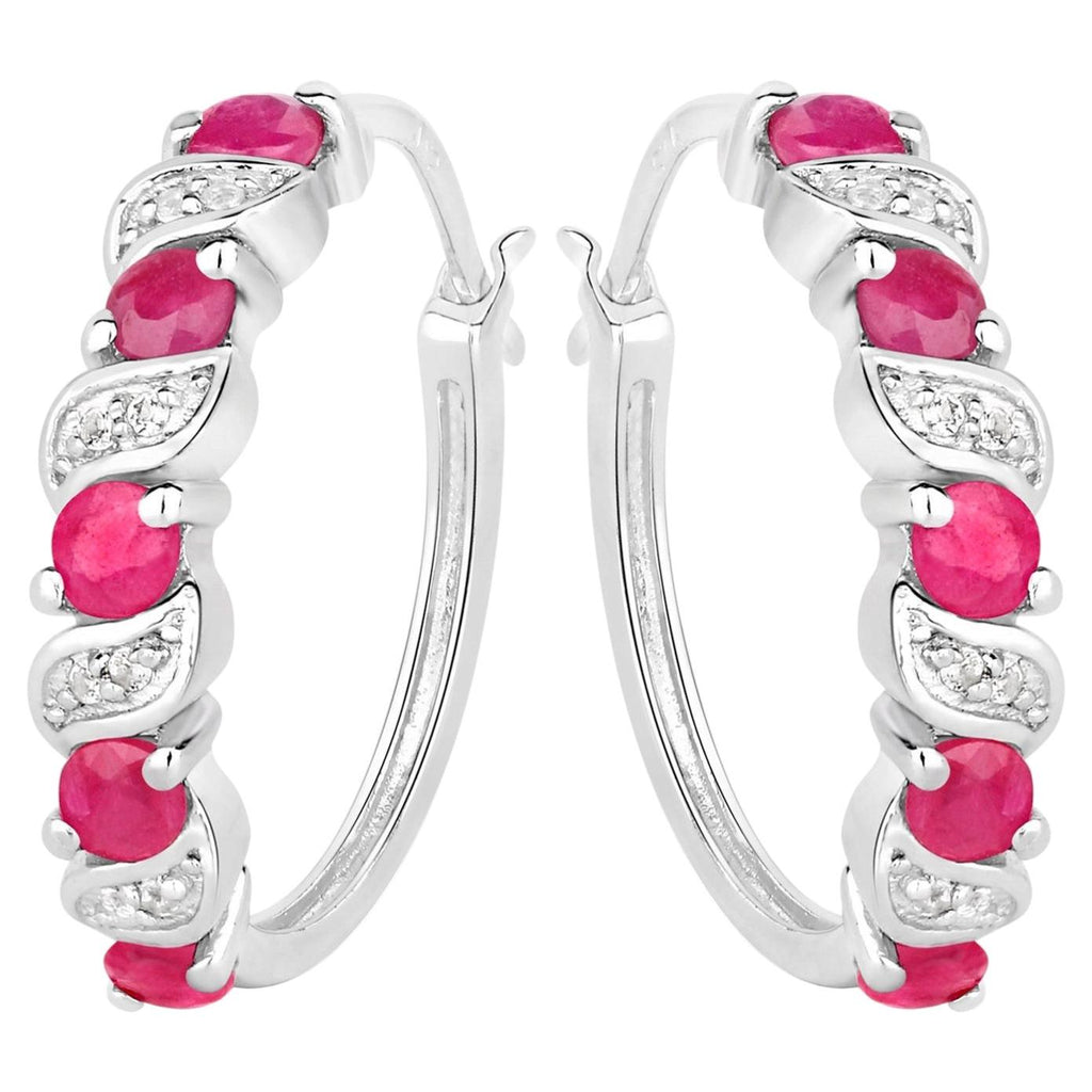 Ruby Hoop Earrings With White Topaz 1.36 Carats Sterling Silver