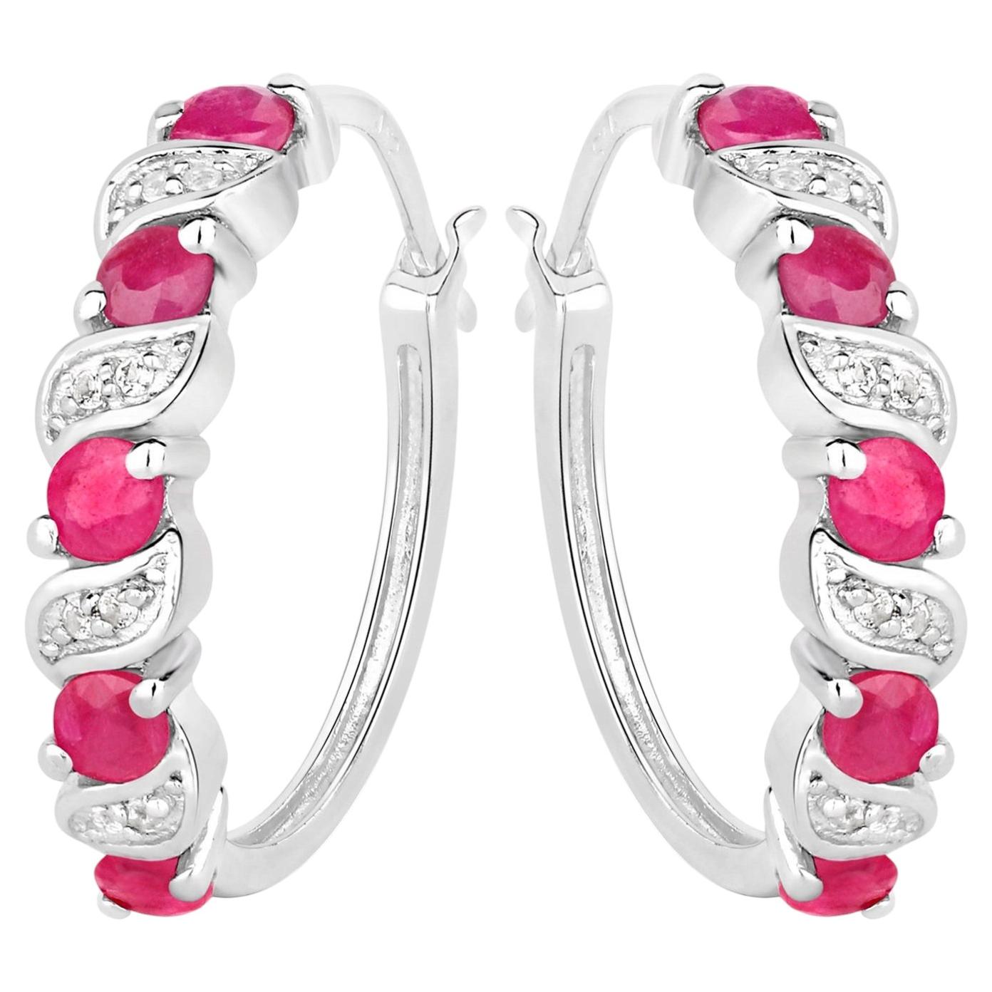 Ruby Hoop Earrings With White Topaz 1.36 Carats Sterling Silver
