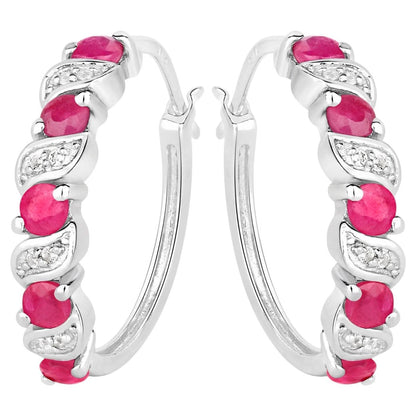 Ruby Hoop Earrings With White Topaz 1.36 Carats Sterling Silver