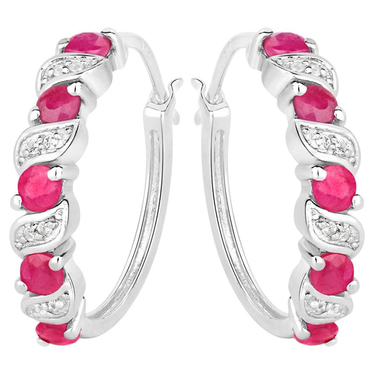 Ruby Hoop Earrings With White Topaz 1.36 Carats Sterling Silver