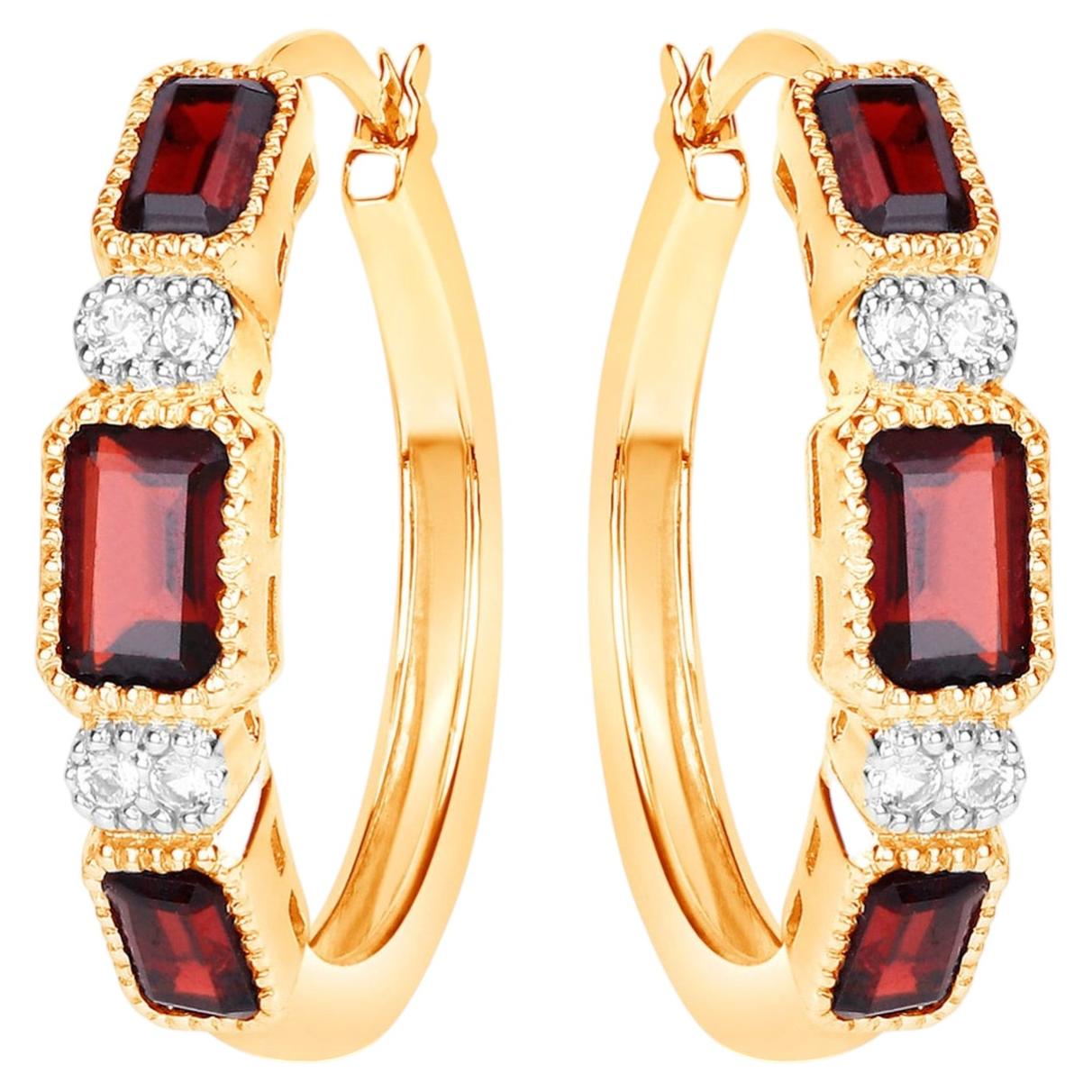 Garnet Earrings With White Topaz 2.72 Carats Gold Plated Silver