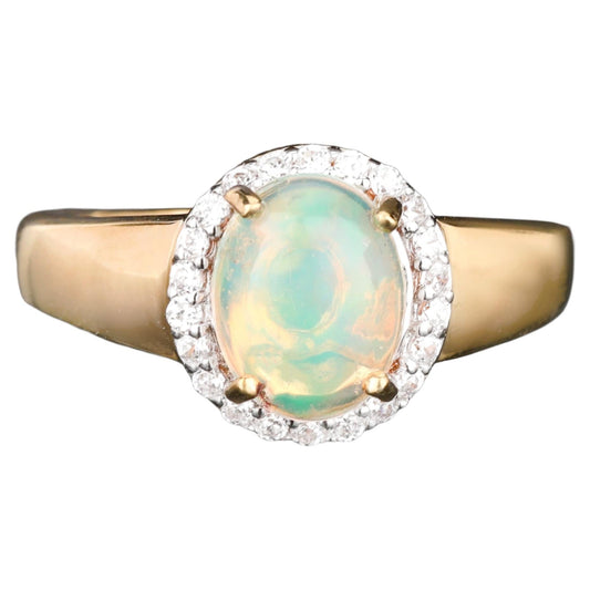 Natural Ethiopian Opal Ring With White Zircon 1.33 Carats Gold Plated Silver