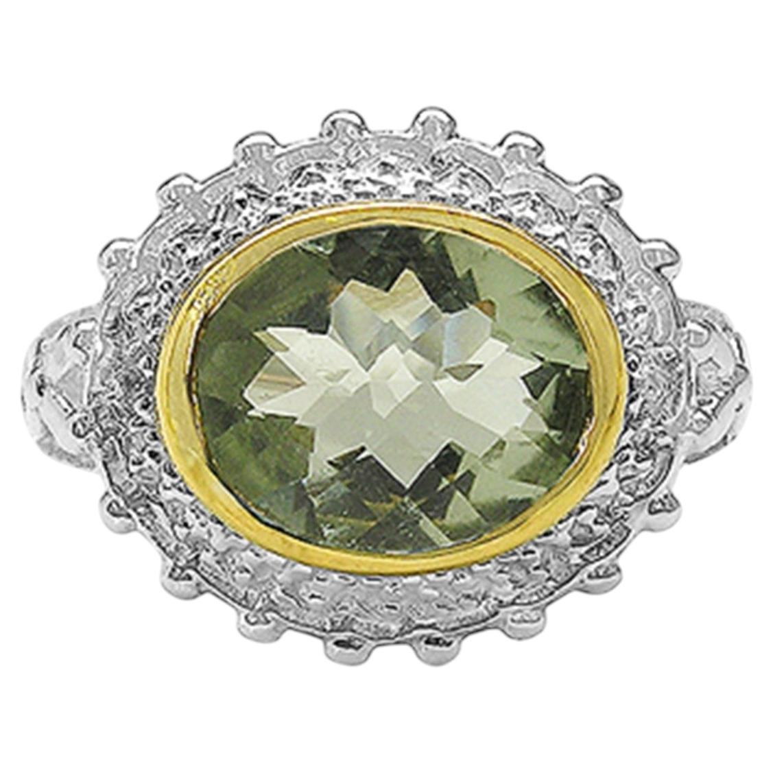 Green Amethyst Ring With White Topaz 4.15 Carats Sterling Silver