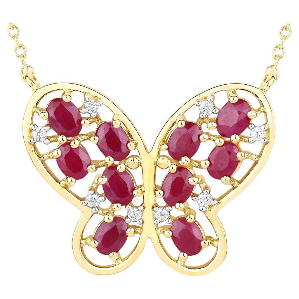 Ruby Butterfly Necklace With White Zircon 2.32 Carats Gold Plated Silver