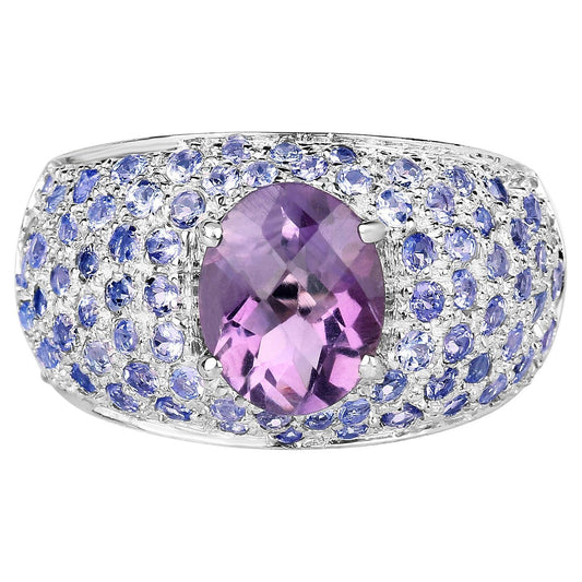 Amethyst Cluster Ring Tanzanites 4.2 Carats Sterling Silver