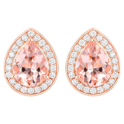 Morganite Pear Stud Earrings Diamond Halo 2 Carats 14K Rose Gold