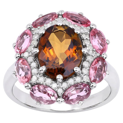Multicolor Tourmaline Ring With Diamonds 4.18 Carats Sterling Silver