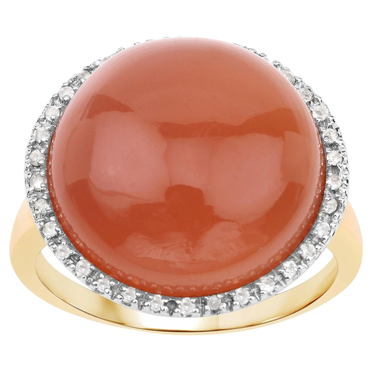 Peach Moonstone Ring With White Topaz 13.9 Carats Gold Plated Silver