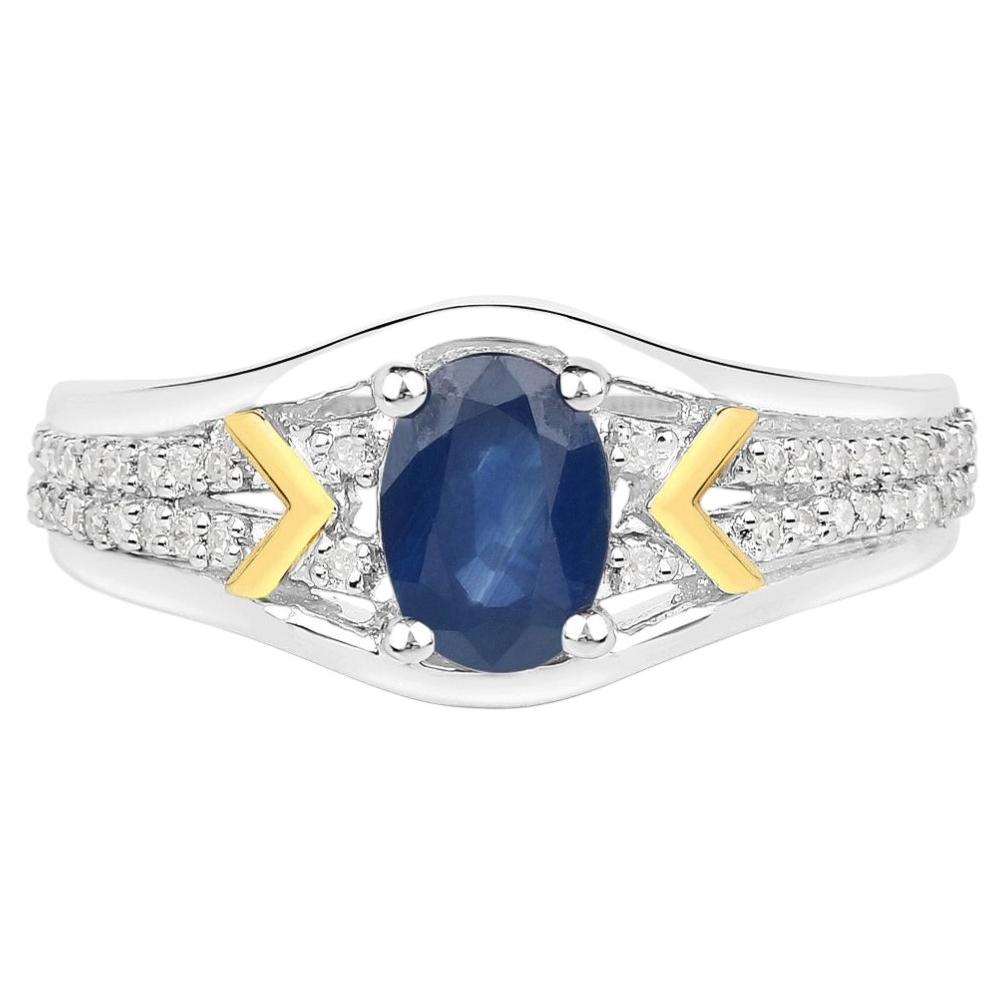 Blue Sapphire Ring With Diamonds 1.04 Carats 14K Yellow Gold and Sterling Silver