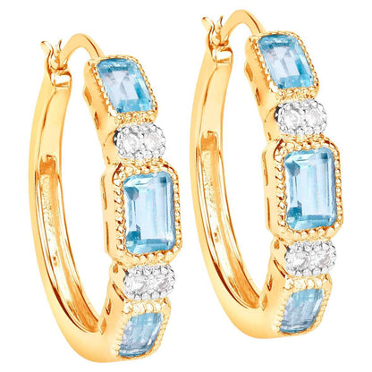 Blue Topaz Hoop Earrings 2.65 Carats Gold Plated Silver
