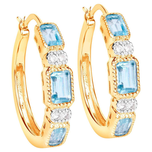 Blue Topaz Hoop Earrings 2.65 Carats Gold Plated Silver