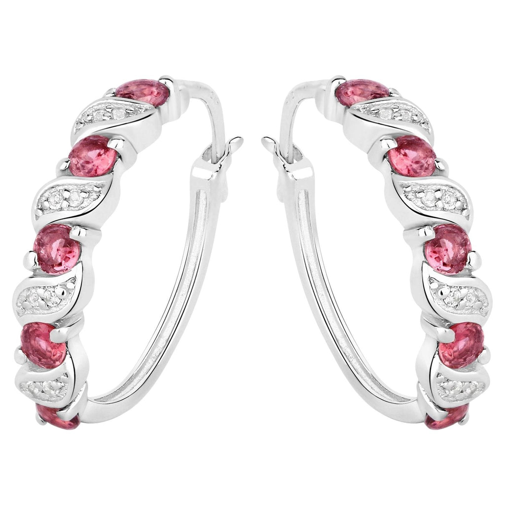 Pink Tourmaline Hoop Earrings With White Topaz 1.24 Carats Sterling Silver