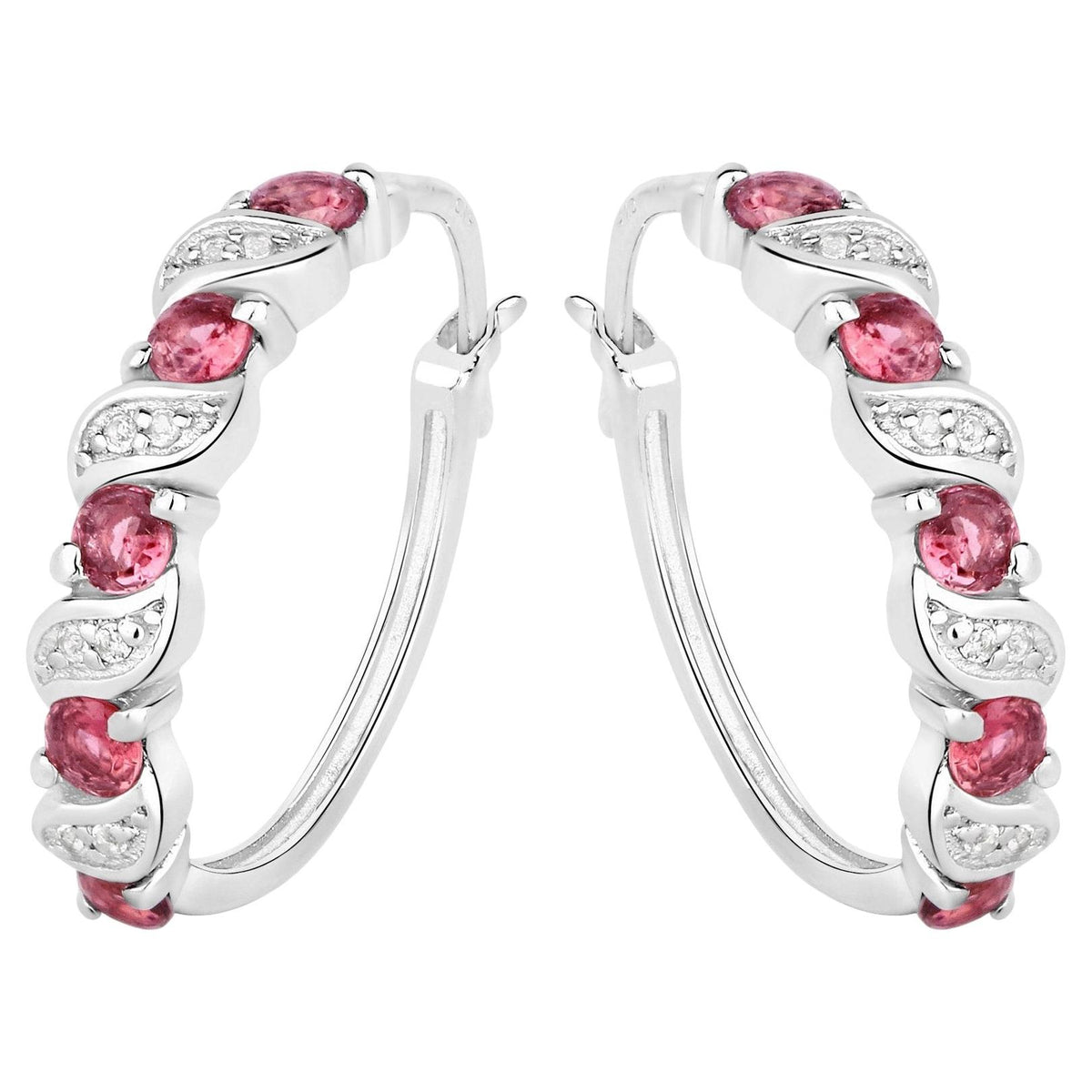 Pink Tourmaline Hoop Earrings With White Topaz 1.24 Carats Sterling Silver