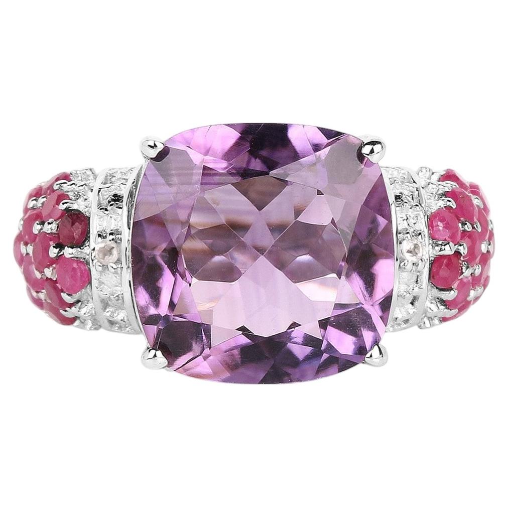 Amethyst Ring With Ruby and White Topaz 6.52 Carats Sterling Silver