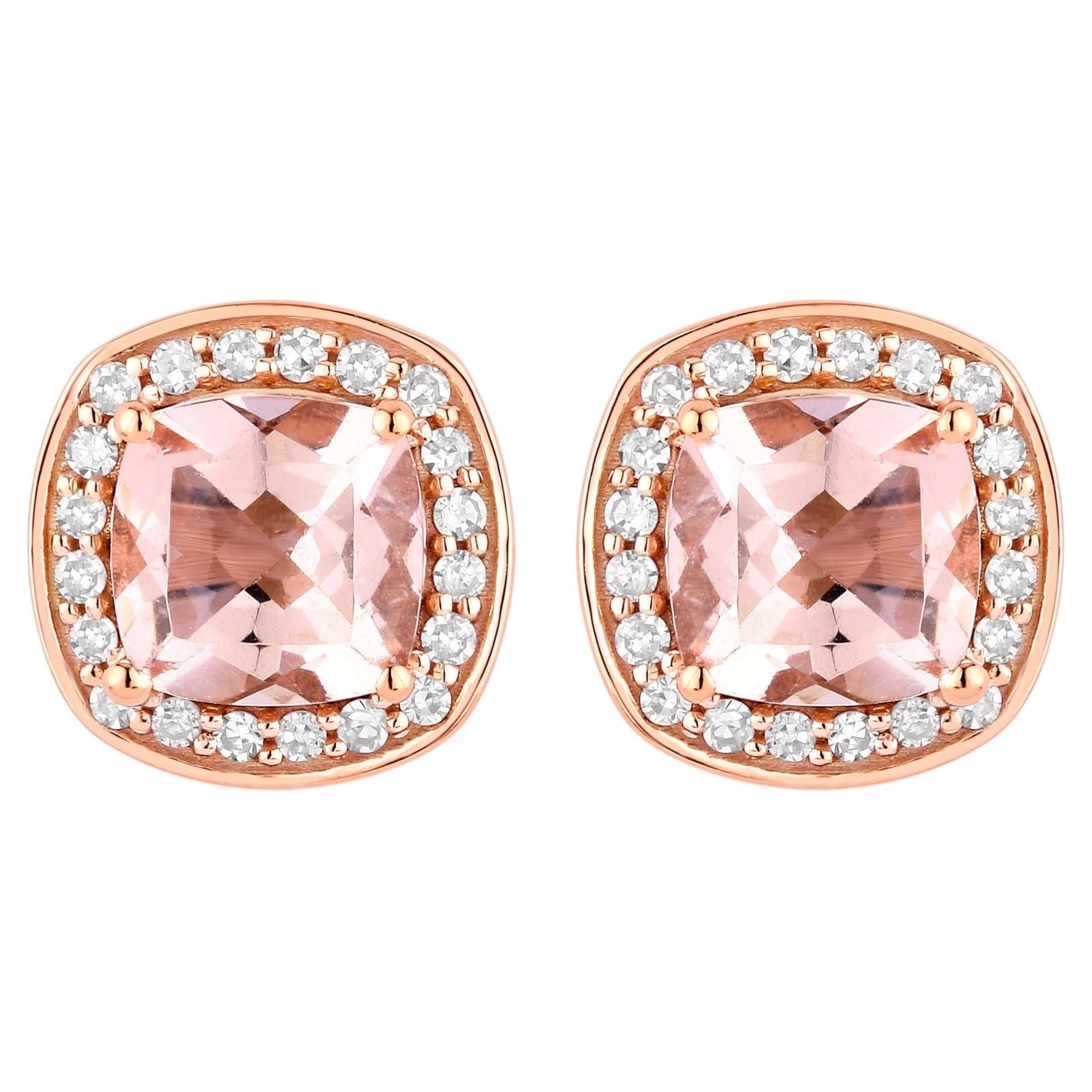 Morganite Stud Earrings With Diamonds 1.34 Carats 14K Rose Gold