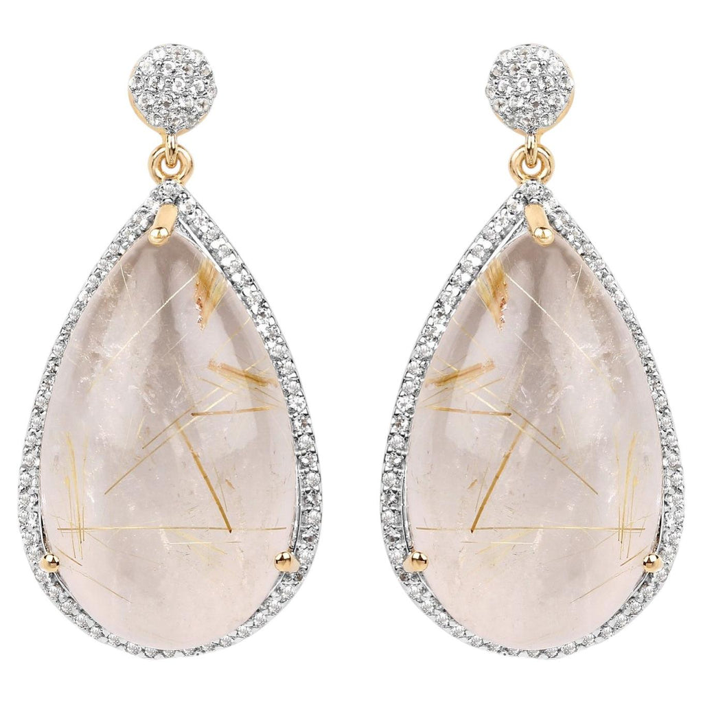 Golden Rutile Earrings With White Topaz 35.1 Carats Gold Plated Silver