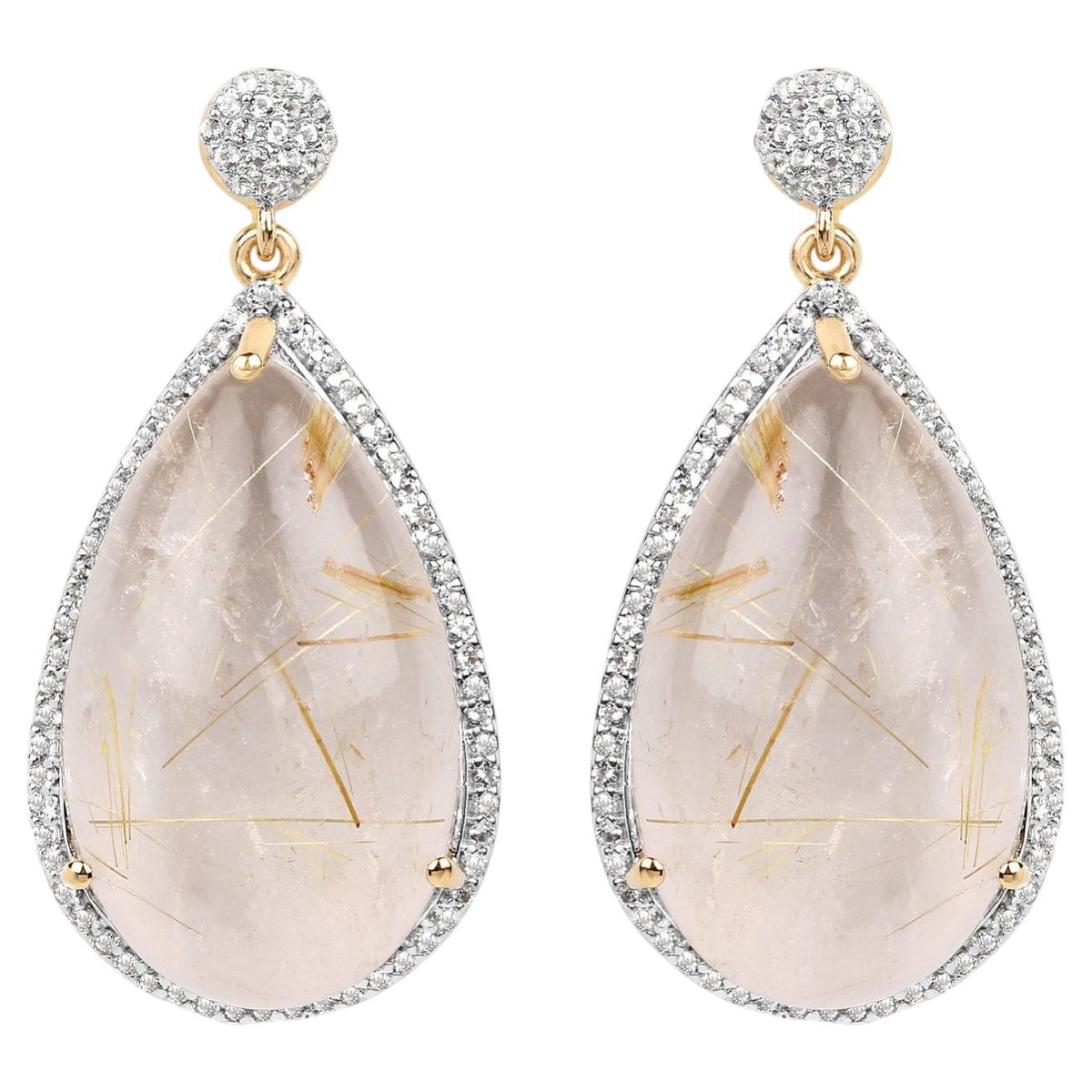 Golden Rutile Earrings With White Topaz 35.1 Carats Gold Plated Silver
