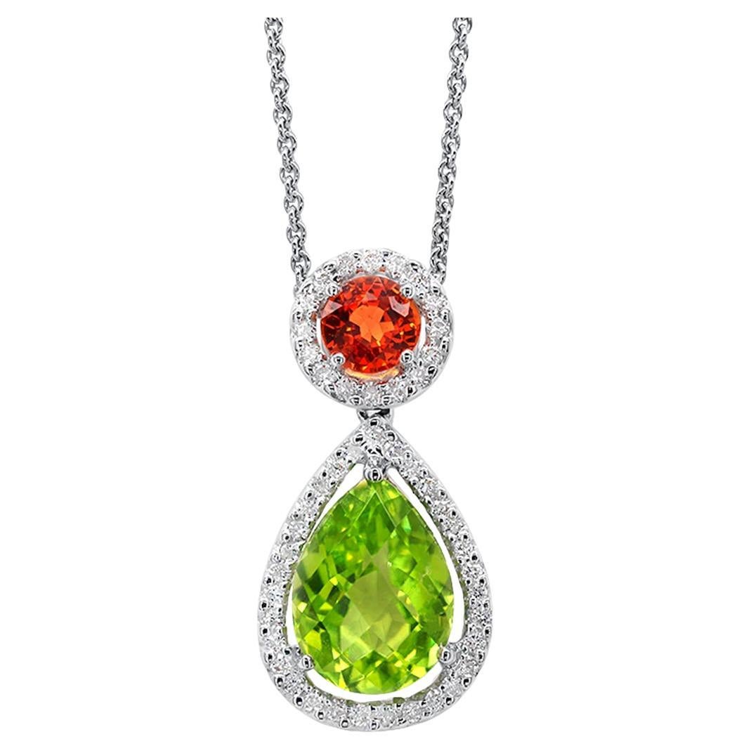 Peridot Pendant Necklace Mandarin Garnet Diamonds 2.4 Carats 18K White Gold