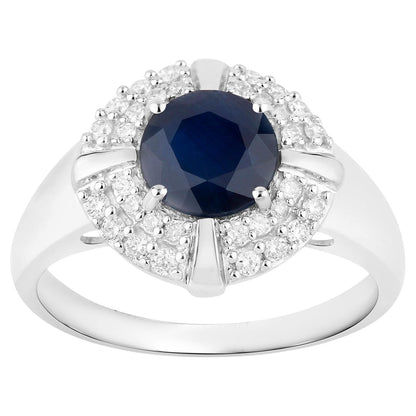 Blue Sapphire Ring Diamonds 1.7 Carats 10K White Gold