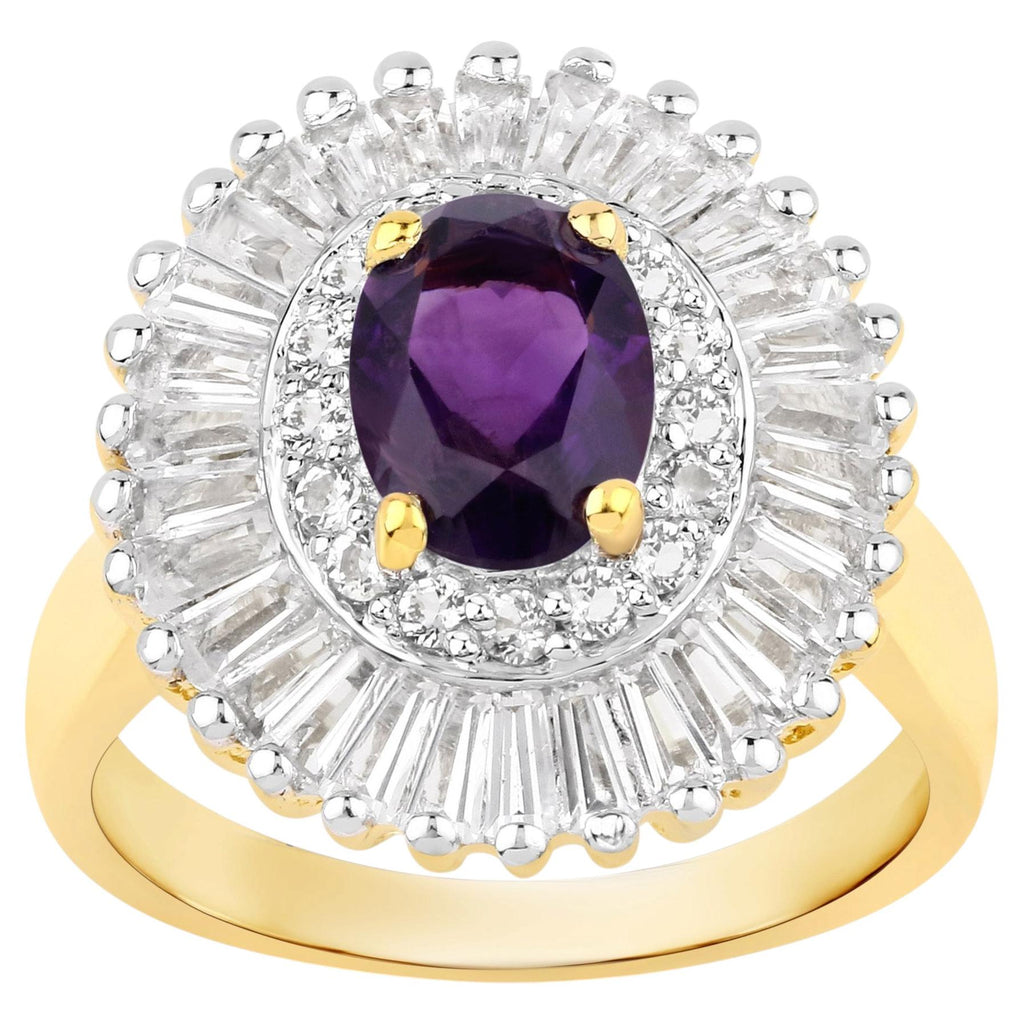 Amethyst Ring With White Topaz 3.16 Carats Gold Plated Silver