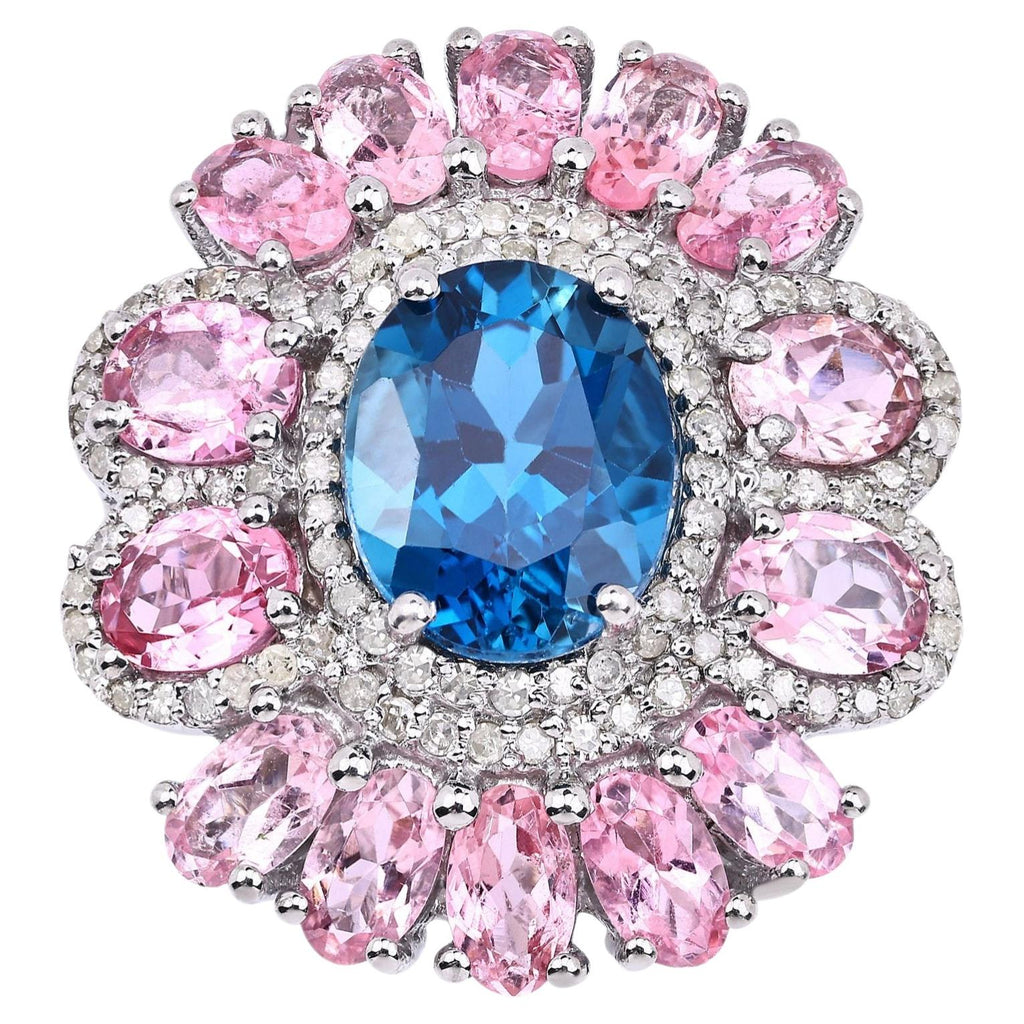 London Blue Topaz Ring With Pink Tourmaline 7.38 Carats Sterling Silver