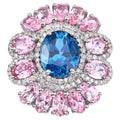 London Blue Topaz Ring With Pink Tourmaline 7.38 Carats Sterling Silver