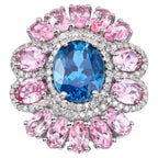 London Blue Topaz Ring With Pink Tourmaline 7.38 Carats Sterling Silver