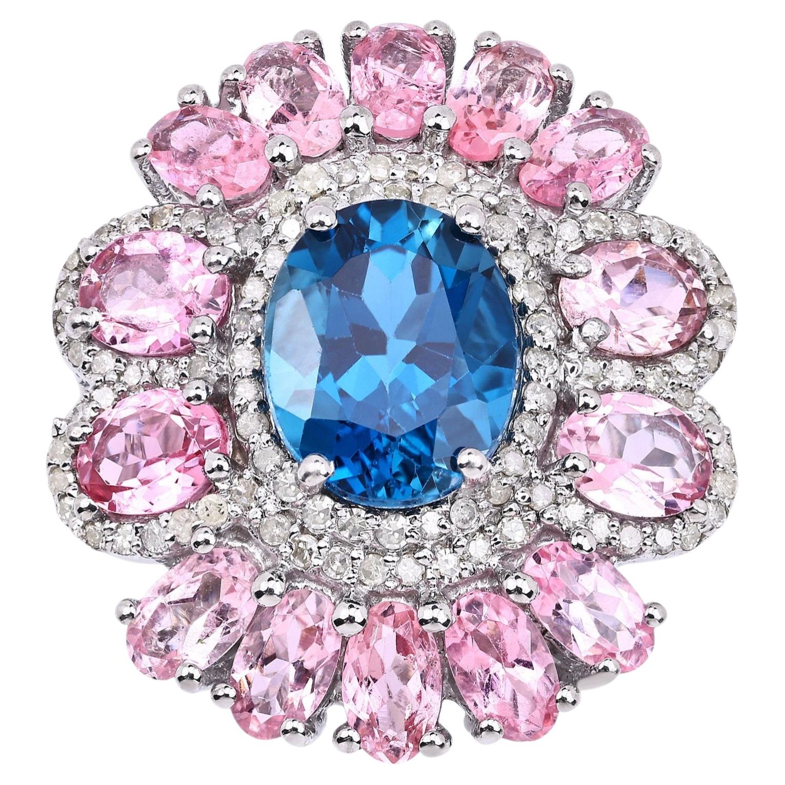 London Blue Topaz Ring With Pink Tourmaline 7.38 Carats Sterling Silver