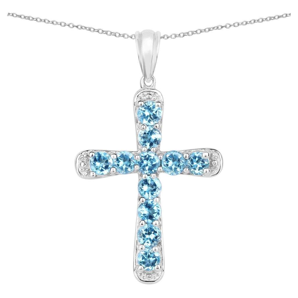Blue Topaz Cross Pendant 3.84 Carats Sterling Silver