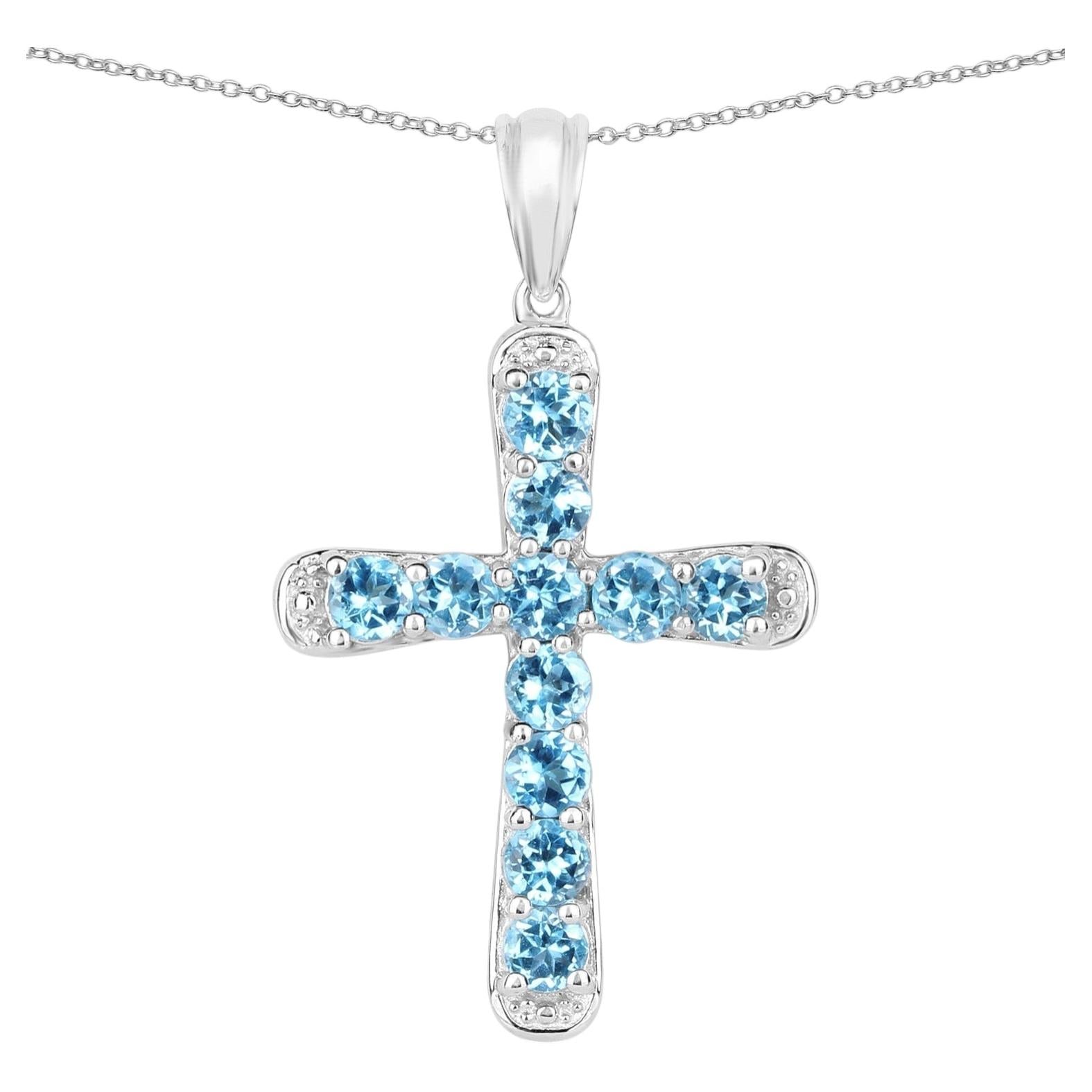 Blue Topaz Cross Pendant 3.84 Carats Sterling Silver