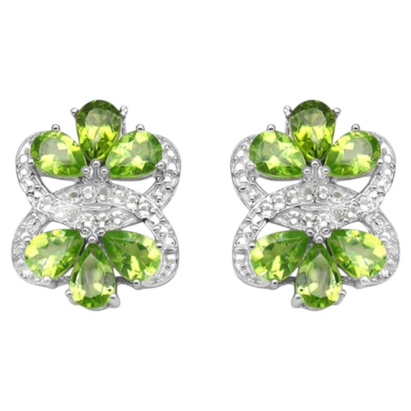 Peridot Earrings White Topaz 8.7 Carats Rhodium Plated Silver