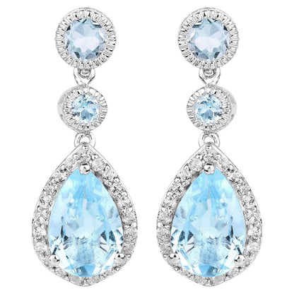 Swiss Blue Topaz Dangle Earrings With White Topaz 9.46 Carats