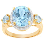 Blue Topaz Ring With Diamonds 4.72 Carats Gold Plated Silver