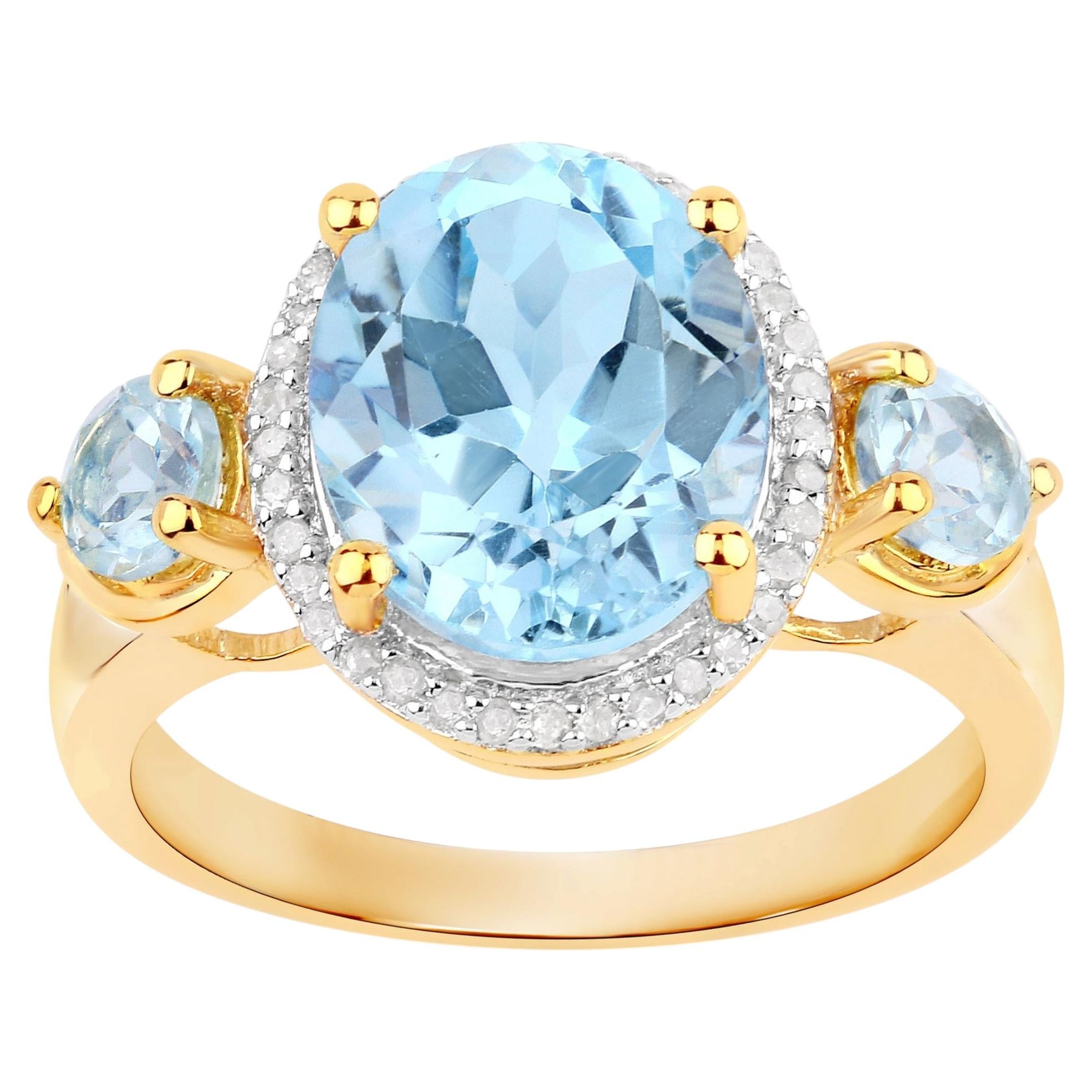 Blue Topaz Ring With Diamonds 4.72 Carats Gold Plated Silver