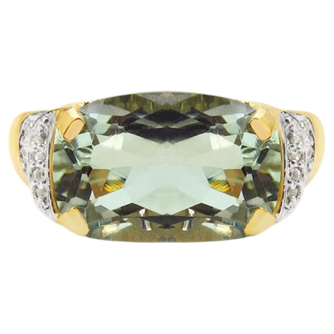 Green Amethyst Ring With White Topaz 6.76 Carats Gold Plated Silver