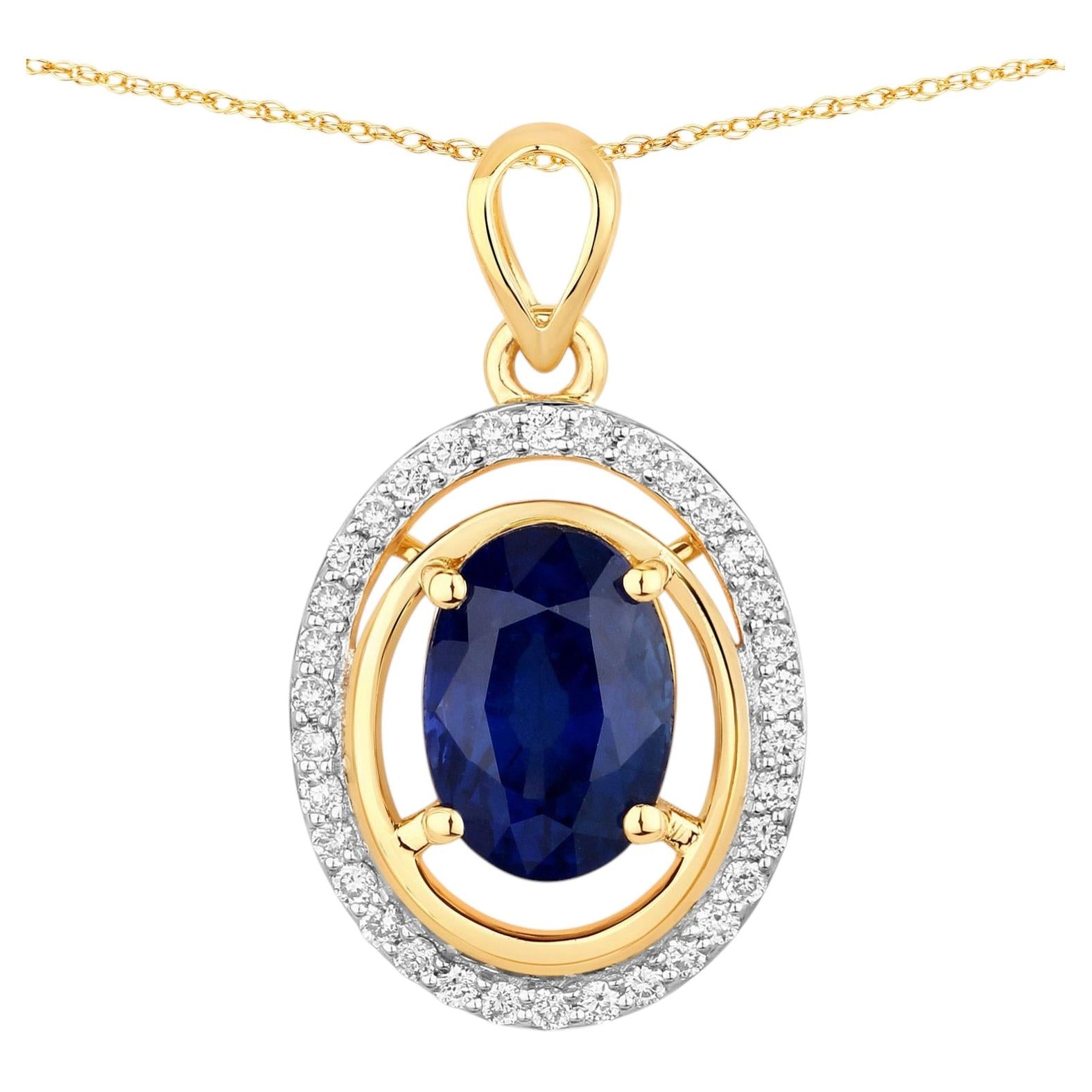 Blue Sapphire Pendant With Diamonds 2.56 Carats 18K Yellow Gold