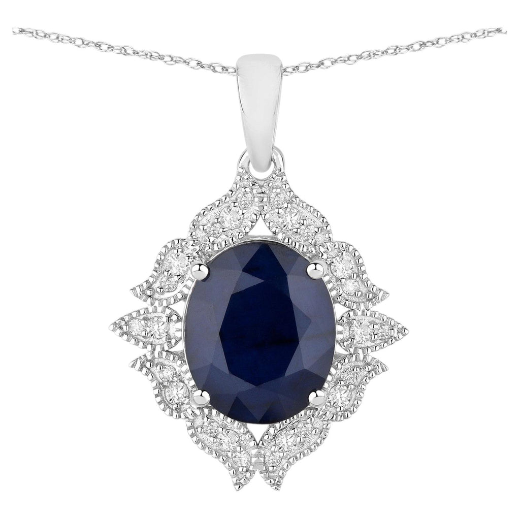 Blue Sapphire Pendant With Diamonds 6.4 Carats 14K White Gold