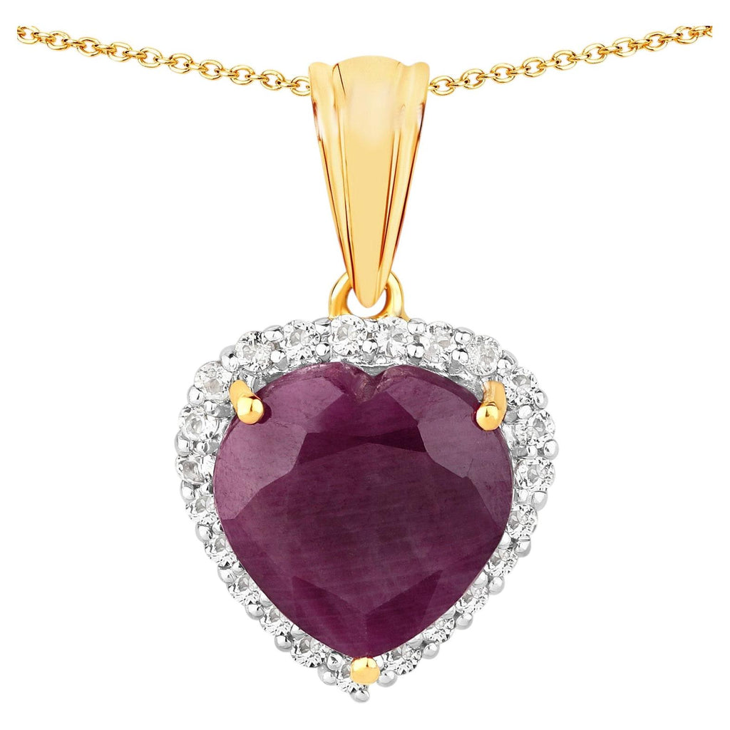 Ruby Heart Pendant With White Topaz 7.08 Carats Gold Plated Silver