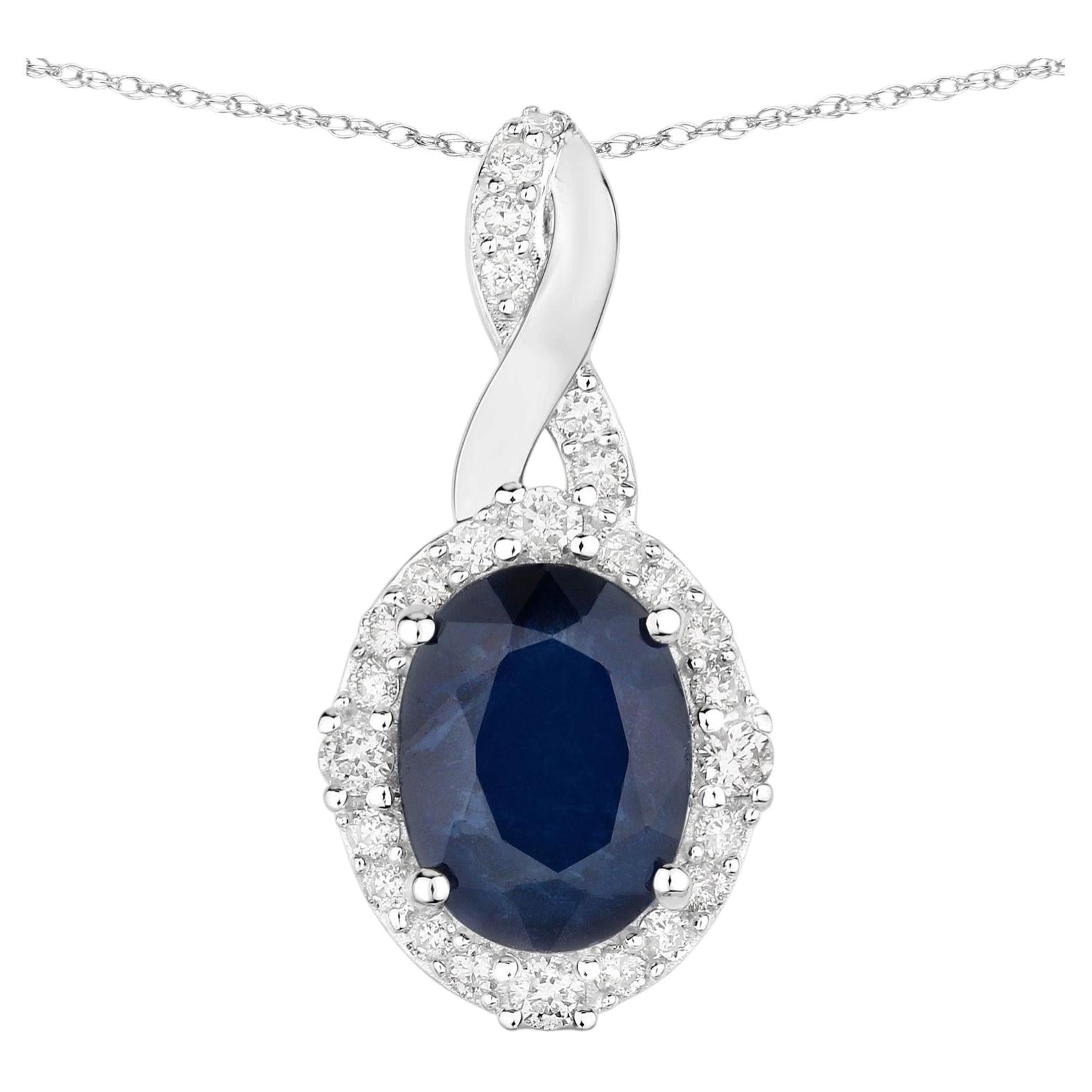 Blue Sapphire Pendant With Diamonds 1.68 Carats 14K White Gold