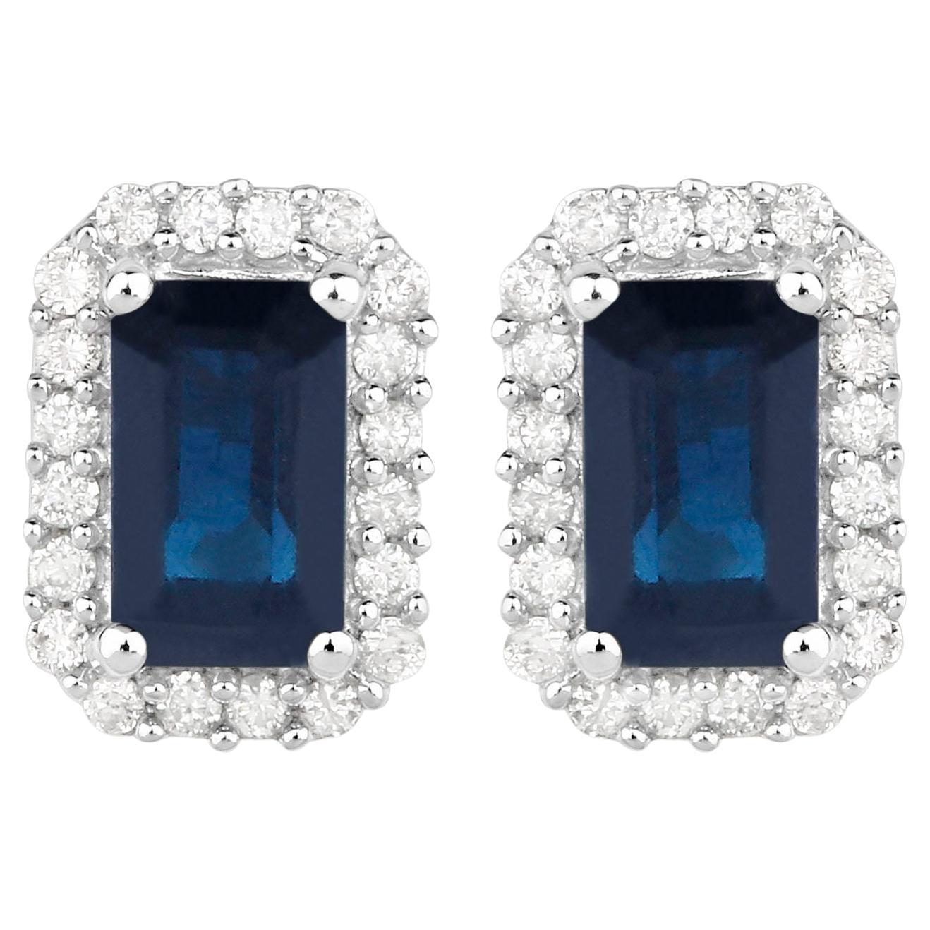 Blue Sapphire Earrings Diamond Halo 0.9 Carats 14K White Gold