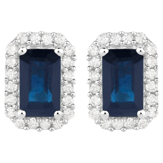 Blue Sapphire Earrings Diamond Halo 0.9 Carats 14K White Gold