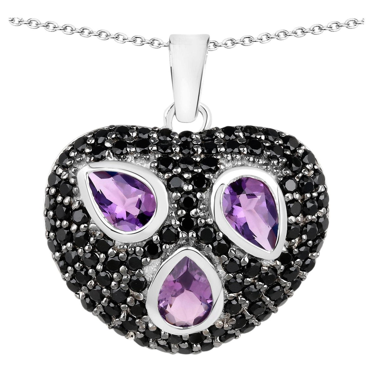 Amethyst Heart Pendant With Black Spinel 3.16 Carats Sterling Silver
