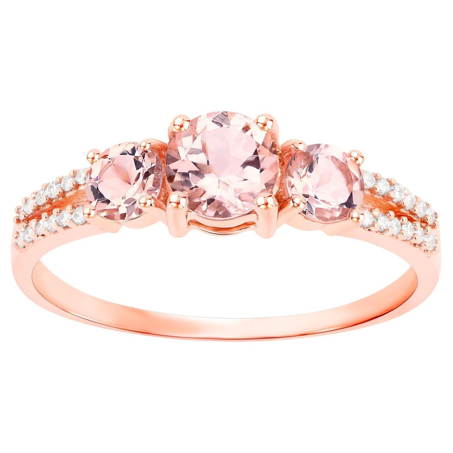 Morganite Three Stone Ring Diamond Setting 0.73 Carats 14K Rose Gold